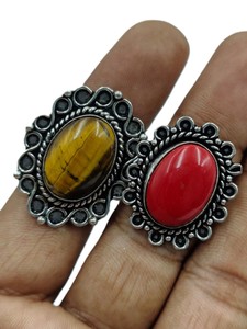 Wholesale Oxidized Silver Tiger Eye & Red Coral Gemstone <b>Ring</b> for Women | Vintage Handmade <b>Statement</b> Jewelry Bulk Supplier - Product Image 3