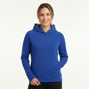 Sweat-shirt à capuche bleu pour femme, coupe régulière, en coton tricoté, manches longues, couleur unie, poche avant, vêtement d'automne - Product Image 4