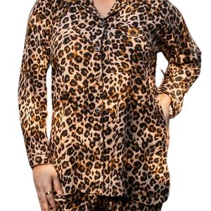 <b>Women</b> Brown <b>Black</b> Leopard Print Satin Pajama Set Long Sleeve Button Up Shirt Matching <b>Pants</b> Stylish Sleepwear Lounge Wear OEM - Product Image 5