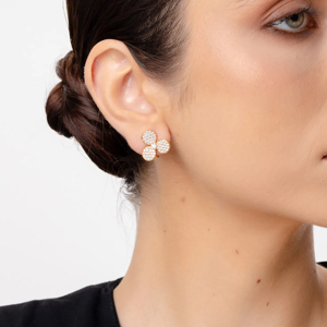<b>Rose</b> <b>Gold</b> Plated Flower <b>Stud</b> <b>Earrings</b> With Round Brilliant Cut Diamonds Micro Pave Classic Women's Wedding Jewelry - Product Image 3