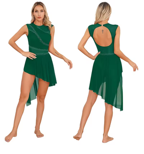 Womens Rhinestone Sheer Mesh Open Back Sleeveless Dance Dress for Figure Skating Dance <b>Performance</b> <b>Wear</b> - Product Image 5
