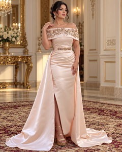 Mishkat Couture Moroccan Caftan <b>Champagne</b> Gold Silk Hand-Embroidered <b>Long</b> Bell Elegant Evening Gown Beaded Neckline Embellished - Product Image 2