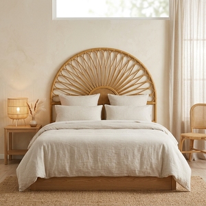 Nouvelle Tête de Lit Moderne Minimaliste en Rotin Sunrise Loop, Cadre de Lit en Bois Écologique Marron, Rembourrage en Microfibre, Boîte Personnalisée pour Chambre à Coucher - Product Image 3