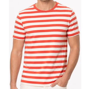 Camiseta de manga corta con cuello redondo y rayas rojas y blancas para hombre, de alta demanda, corte regular, estilo casual - Product Image 1