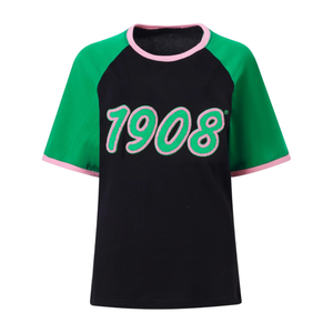 Women <b>Raglan</b> Sleeve T Shirt Black Green Contrast Color Block O Neck Cotton Casual Tee Summer <b>Top</b> - Product Image 1