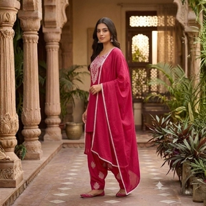 Traje Farsi de Seda Rosa Intenso de Diseño con Bordado, Top Salwar y Dupatta de Encaje a Precio Mayorista - Product Image 2