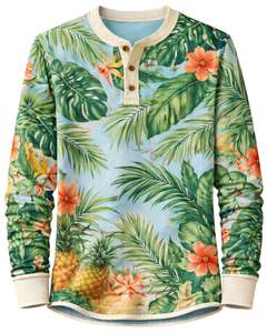 เสื้อเชิ้ตเฮนลีย์ลายดอกไม้เขตร้อนสำหรับผู้ชาย สีฟ้าและสีเขียว แขนยาว ติดกระดุม แนวลำลอง สไตล์ชายหาด แฟชั่นฤดูร้อน - Product Image 1