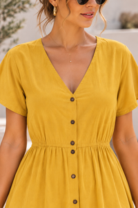 Yellow V-Neck Short Sleeve Midi <b>Dress</b> <b>With</b> Button Front And <b>Pockets</b> Boho A-Line Loose Fit Summer Casual <b>Dress</b> - Product Image 3