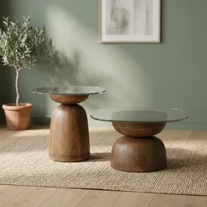 Modern Round <b>Side</b> <b>Table</b> With <b>Glass</b> Top And Wooden Base Handmade Living Room Furniture - Product Image 4