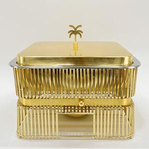 Luxury Gold Stainless Steel Square Chafing Dish <b>Buffet</b> <b>Food</b> <b>Warmer</b> Set with Palm Tree Handle & Vertical Slat Stand for Catering - Product Image 1