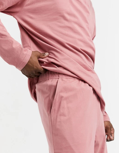 Ensemble de pyjama rose à manches longues et col rond pour homme, couleur unie, en coton, décontracté, pour l'automne, coupe régulière, taille élastique - Product Image 3