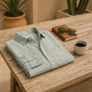 Chemises en lin décontractées pour hommes, 100% lin naturel, respirantes, douces, col en V, tenue d'été - Product Image 6