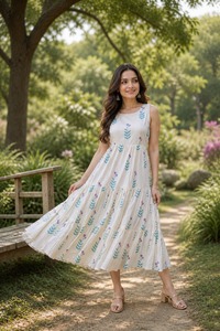 Vestido elegante de algodón blanco estampado para mujer, estilo evasé, de la colección After Six Wear Kurti. - Product Image 5