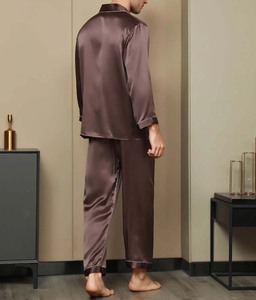 Ensemble pyjama en satin pour hommes, manches longues, couleur unie, deux pièces, vêtements de nuit lisses à boutons, vêtements d'automne - Product Image 5