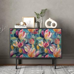 Carta da Parati Adesiva Floreale Vintage con Magnolia Verde Sfumata e Fiori Rosa/Rossi, Arte Astratta - Product Image 5