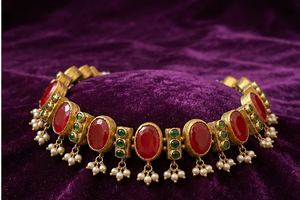 Gold Plated Classic Kundan Necklace Set Red Oval Stone Pearl <b>Drop</b> Brass Choker Jewelry for Wedding Festival Women Gifts - Product Image 3
