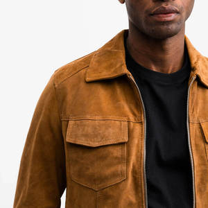 <b>Men's</b> Brown <b>Suede</b> Leather <b>Jacket</b> Zipper Closure Pockets Casual Winter Style Stand Collar Regular Fit Windproof & Breathable - Product Image 3