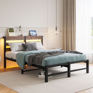 Struttura letto matrimoniale in metallo con testiera in legno, luci RGB e ripiano portaoggetti con caricatore - Stile rustico - Non richiede rete a molle - Product Image 5