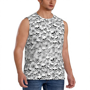 Men's <b>Skull</b> Pattern Sleeveless Tank <b>Top</b> O-Neck Gothic Style Breathable Polyester Knitted Workout Wear - Product Image 1