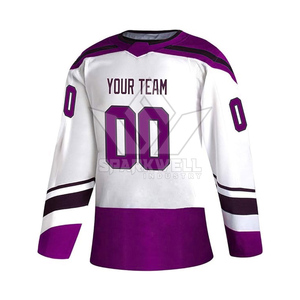 Maillot de hockey sur glace personnalisé par sublimation pour votre équipe, blanc et violet, manches longues, anti-humidité, col ras du cou, unisexe adulte - Product Image 3