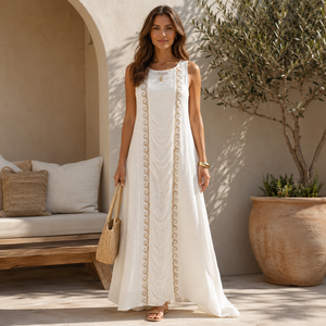 Robe longue bohème ivoire pour femme, col rond, sans manches, unie, tissée, légère et fluide, tenue décontractée pour l'été, la plage, les vacances et les stations balnéaires - Product Image 2