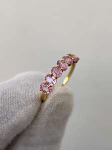 Bague Demi-Éternité Saphir Rose Coupe Ovale Qualité Supérieure Argent Sterling 925 Plaqué Or 14K Bijou de Fiançailles - Product Image 4