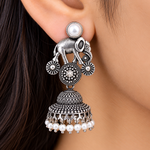 Wholesale Handmade Oxidized Brass Indian Bollywood Bell Jhumka Zircon Drop Earrings <b>Women</b> Antique <b>Silver</b>-Plated Hot Selling - Product Image 4