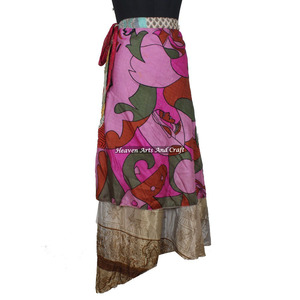Falda de Sari de Seda Vintage de 2 Capas Reversible, Faldas Largas Envolventes de Seda Mágica, Faldas Envolventes de Seda Mágica de 2 Capas Vintage - Product Image 1