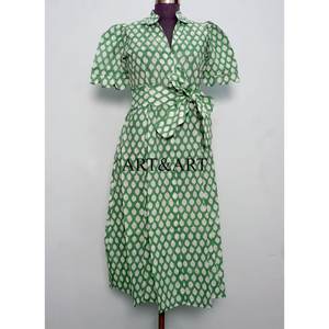 Vestido Midi Estampado a Mano para Boda India, 100% Algodón, Clásico, Casual, Manga Corta, Corte en A, para Verano - Product Image 1