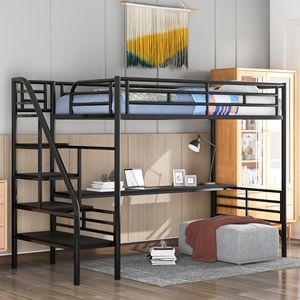 Letto a soppalco matrimoniale in metallo nero con scrivania, non richiede rete a molle, ideale per dormitorio - Product Image 1