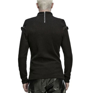 Customized <b>Men's</b> Gothic Black Long Sleeve Knit Top with Leather Splicing and Lacing Details Custom OEM ODM - Product Image 3