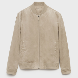<b>Men's</b> Beige <b>Suede</b> Bomber <b>Jacket</b> Stand Collar Zipper Closure Casual Regular Fit Autumn Wear - Product Image 1