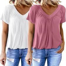 Camiseta de Algodón para Mujer, Estilo Casual, Corte Ajustado, Estampado Sólido, Cuello en V, Manga Corta, Textura Arrugada - Product Image 4