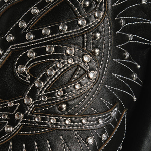 Veste universitaire en cuir de vache écologique imperméable avec logo brodé personnalisé, patchwork en cuir de mouton noir et col montant en cuir PU - Product Image 4