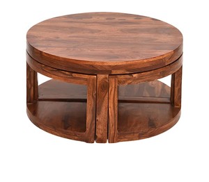 Table basse ronde en bois massif pour gagner de la place avec 4 tabourets |   Table basse circulaire artisanale avec tabouret compensé |   Vente en gros en Inde - Product Image 2