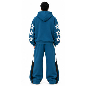 Conjunto de Sudadera y Pantalones con Capucha Azul, Lavado Ácido, Ecológico, de Peso Pesado, Ajuste Regular, Estilo Urbano, con Logo Blanco - Product Image 4