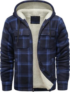 Sudadera con Capucha a Cuadros Morada y Negra para Hombre, Chaqueta de Franela de Corte Regular, Sudadera Informal para Invierno con Forro Polar y Diseño de Bolsillos con Cremallera - Product Image 2