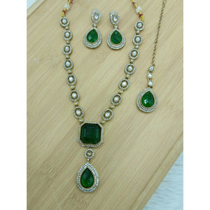 Traditional Gold Plated Kundan Necklace <b>Set</b> Zircon Stone Pendant Matching Earrings Maang Tikka Bridal Wedding Jewelry Party Gift - Product Image 1