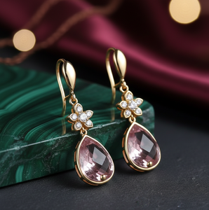 Boucles d'oreilles pendantes artisanales en pierre rose ovale, argent sterling 925 plaqué or 18 carats, bijoux pour fêtes et mariages, cadeau d'anniversaire - Product Image 4