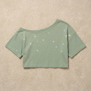 Custom <b>Rhinestone</b> Women's Off Shoulder <b>Crop</b> Tee Loose Fit Cotton Knit <b>Top</b> women's shirt Sparkling Detail Boxy Boutique Clothing - Product Image 3