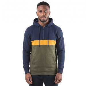 Men Quarter Zip Colorblock Fleece Hoodie Horizontal Chest Band Front Pouch Pocket <b>Cords</b> Ribbed Cuffs Waistband 100% Polyester - Product Image 1