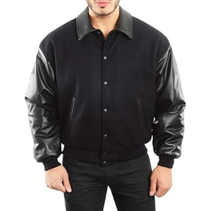 Veste en laine noire de qualité supérieure avec manches en cuir de mouton marron et col rabattu pour la mode universitaire sur mesure en gros - Product Image 4