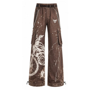 Pantalon cargo large pour homme, imprimé moto, effet usé, taille élastique, plusieurs poches, détail chaîne, taille haute, style automne - Product Image 3