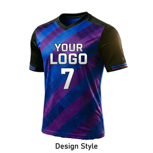 Camiseta de Fútbol Sublimada Personalizada para Hombre, Cuello en V, Manga Corta, Azul y Morado a Rayas, Secado Rápido, Poliéster, Diseño Deportivo - Product Image 1