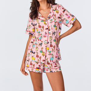 Conjunto de Pijama Corto de Algodón para Mujer, Pijama de Manga Corta de 2 Piezas con Botones y Ribete Estampado - Product Image 1
