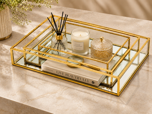 Gold Plated Glass Rectangular Decorative Trays Set Contemporary Home Decor Storage Organizers <b>Mirror</b> Surface Multi Piece Package - Product Image 2