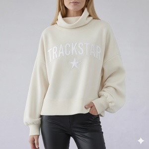 Womens Cream Oversized <b>Mock</b> <b>Neck</b> Sweatshirt Trackstar Embroidery Heavyweight Fleece <b>Top</b> - Product Image 2