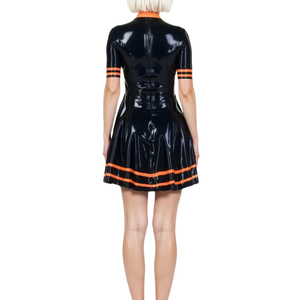 Black <b>Latex</b> A-Line <b>Mini</b> <b>Dress</b> High Neck Short Sleeve Contrast Orange Trim Fitted Party Wear Solid Color - Product Image 6