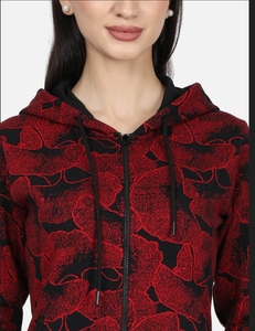 Sudadera con Capucha y Cremallera para Mujer, Estampado Floral Rojo, Corte Regular, Tejido de Poliéster, Estilo Otoñal - Product Image 5