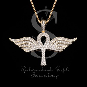 Collar con Colgante de Cruz Ankh con Incrustaciones de Diamantes de Lujo para Hombre y Mujer |   Joyería de Ala de Ángel con Moissanita Dorada Estilo Hip Hop, Regalo - Product Image 1